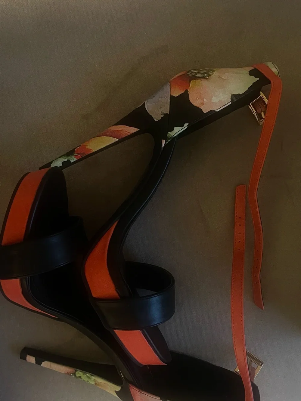 Floral Black and Orange Women's Strappy High Heels